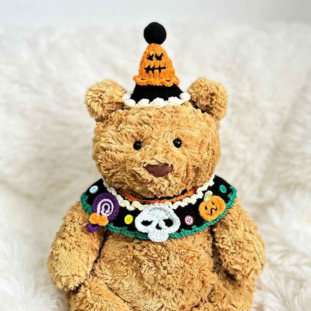 Handmade Crochet Halloween Costume Set for Bartholomew Bear, Pumpkin Witch Hat, Spooky Collar