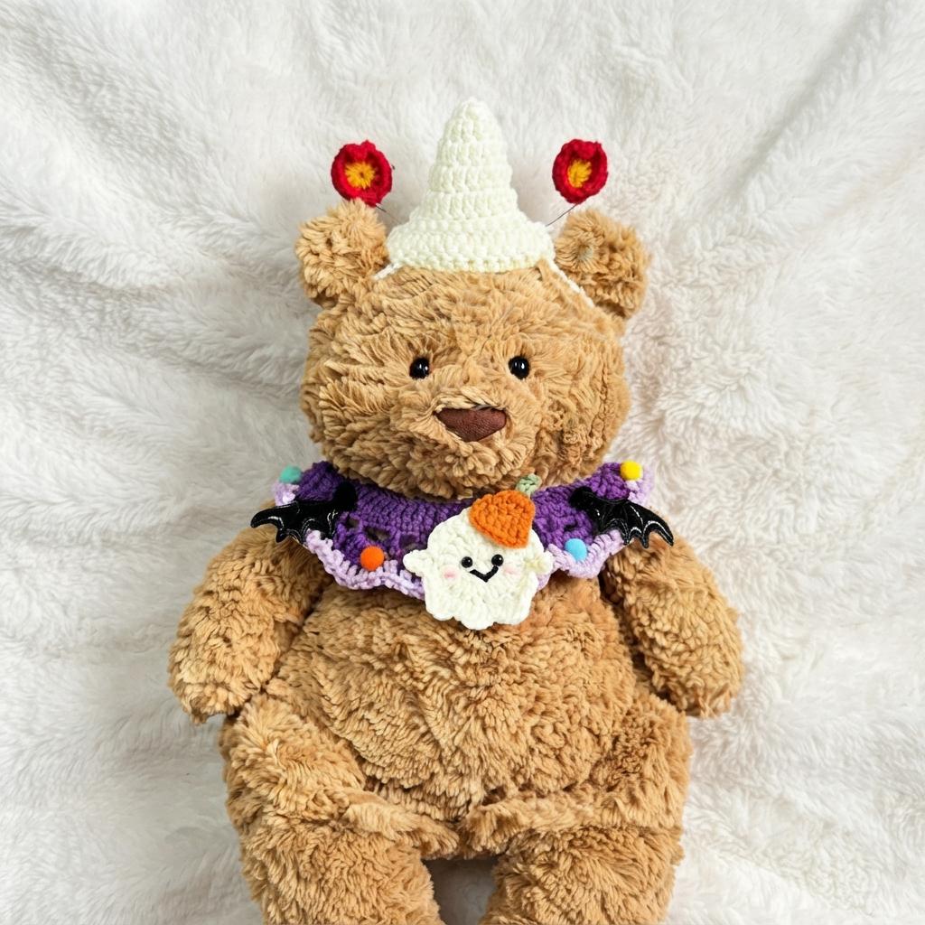 Handmade Crochet Halloween Costume Set for Bartholomew Bear, Pumpkin Witch Hat, Spooky Collar