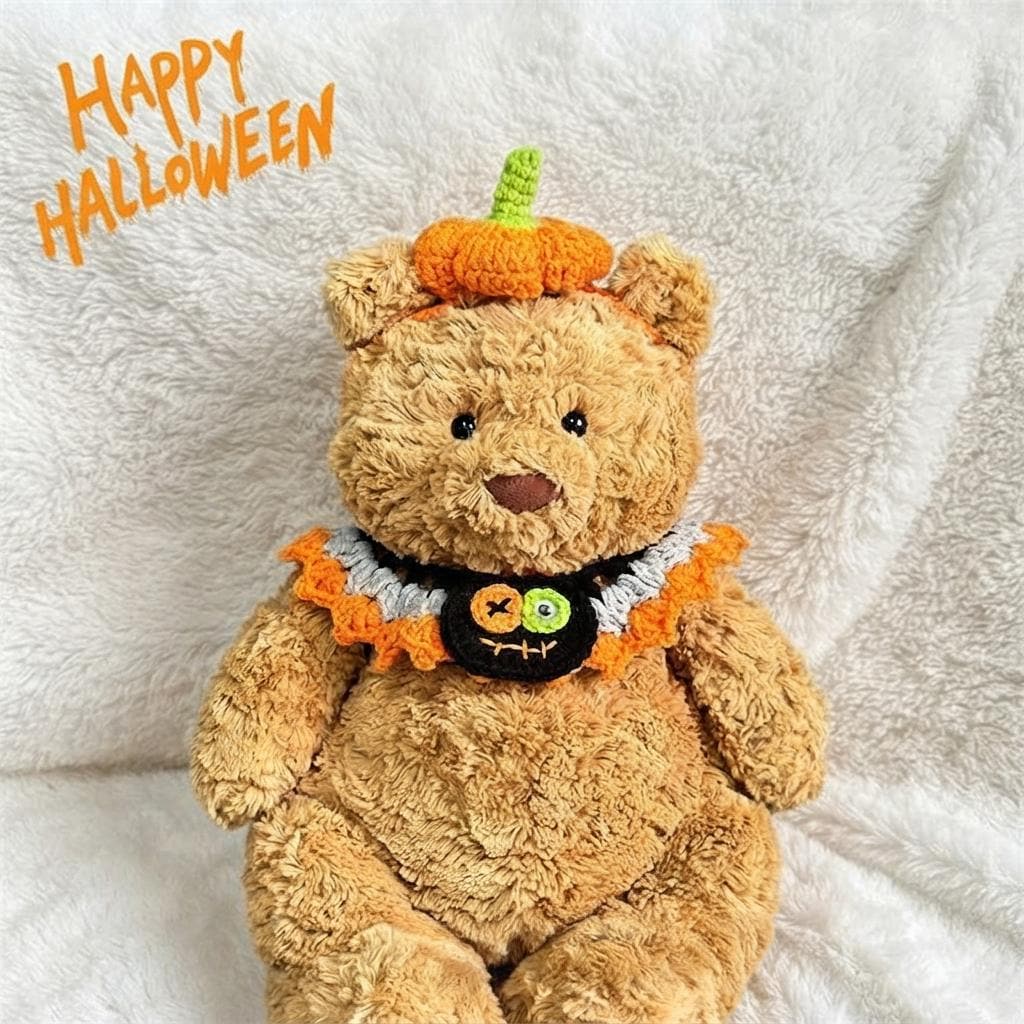 Handmade Crochet Halloween Costume Set for Bartholomew Bear, Pumpkin Witch Hat, Spooky Collar