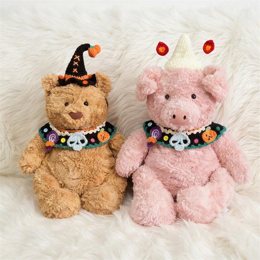 Handmade Crochet Halloween Costume Set for Bartholomew Bear, Pumpkin Witch Hat, Spooky Collar