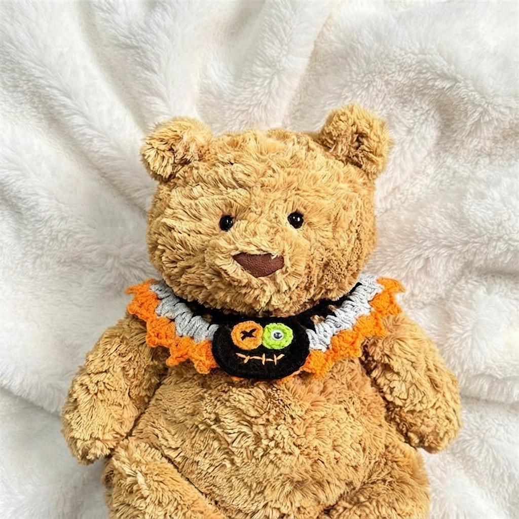 Hand-Crocheted Halloween Costume Set for Plush Bears: Witch Hat, Pumpkin Headband, Spooky Bib