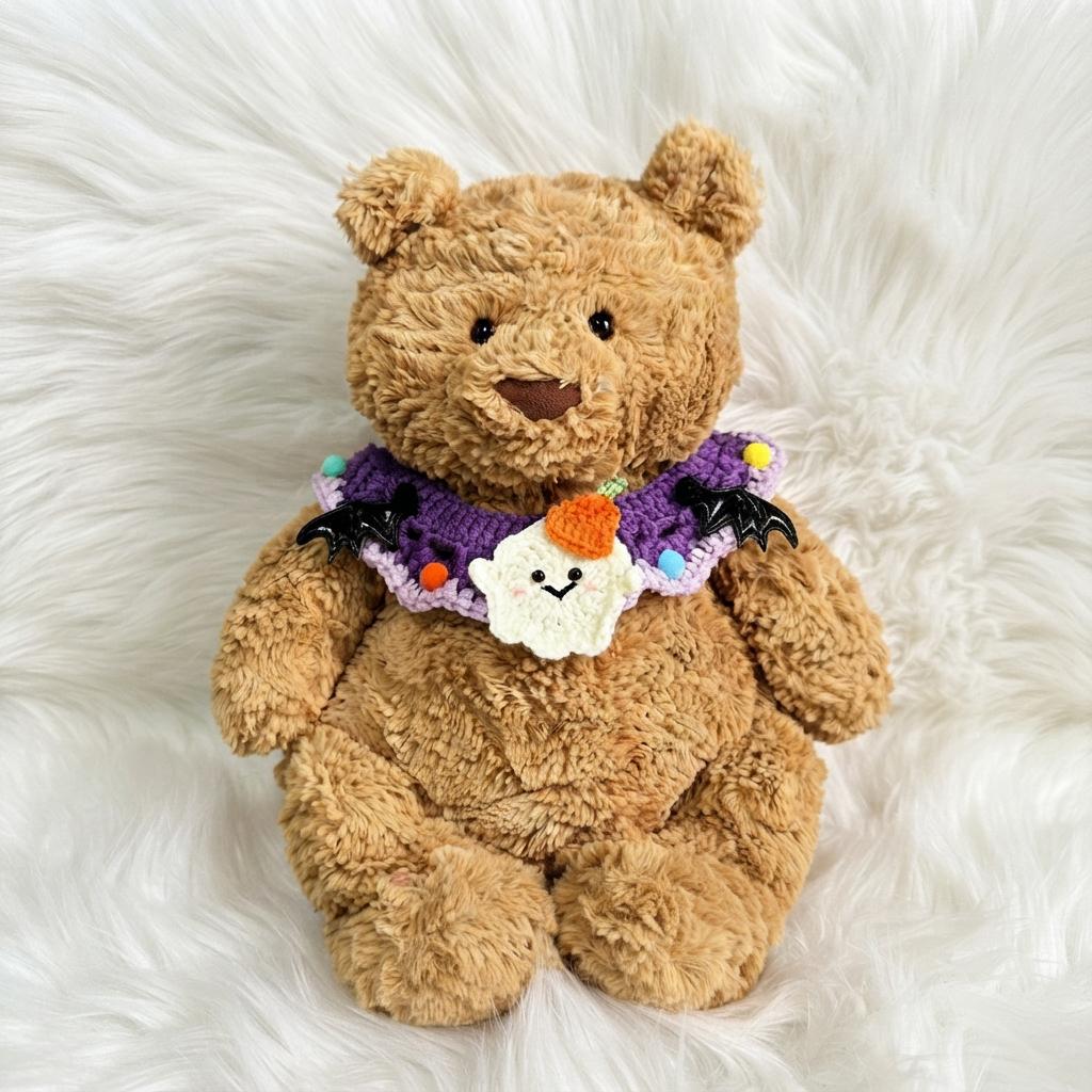 Hand-Crocheted Halloween Costume Set for Plush Bears: Witch Hat, Pumpkin Headband, Spooky Bib