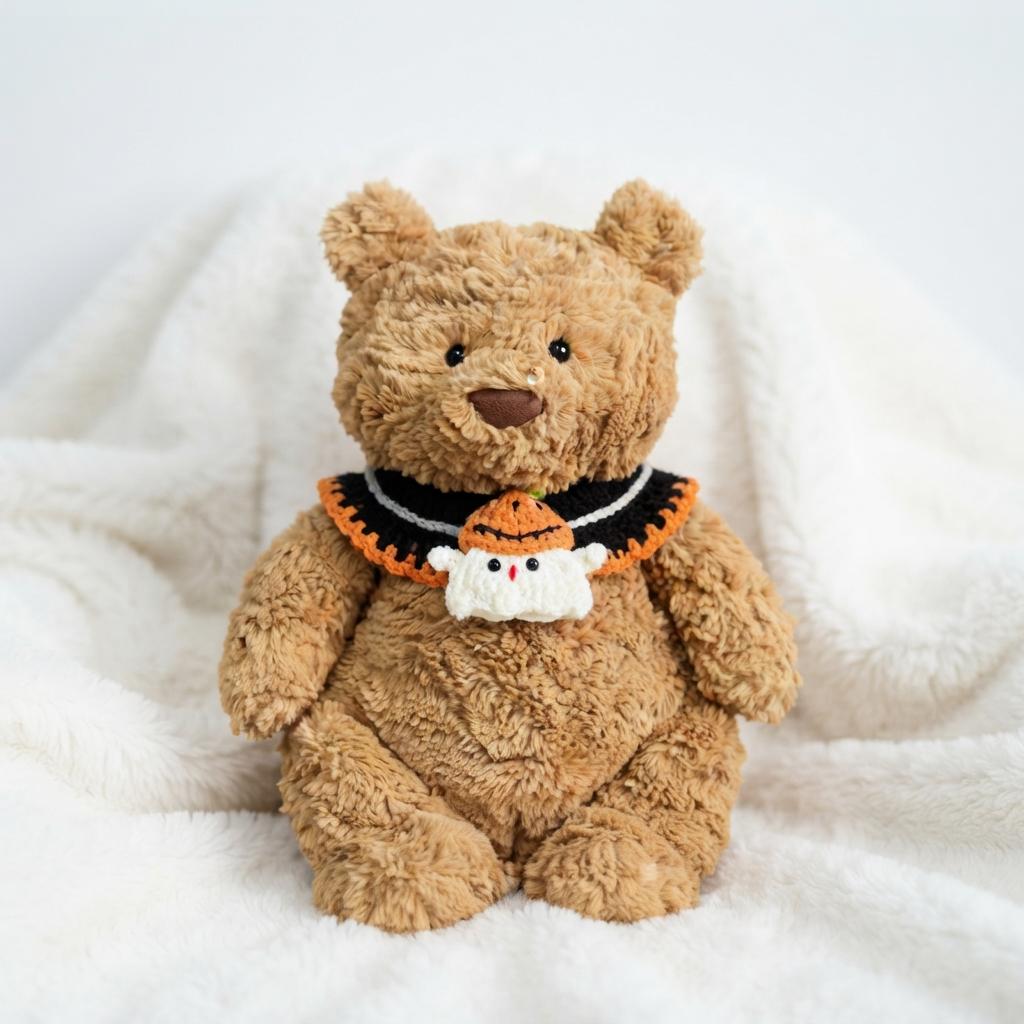 Hand-Crocheted Halloween Costume Set for Plush Bears: Witch Hat, Pumpkin Headband, Spooky Bib