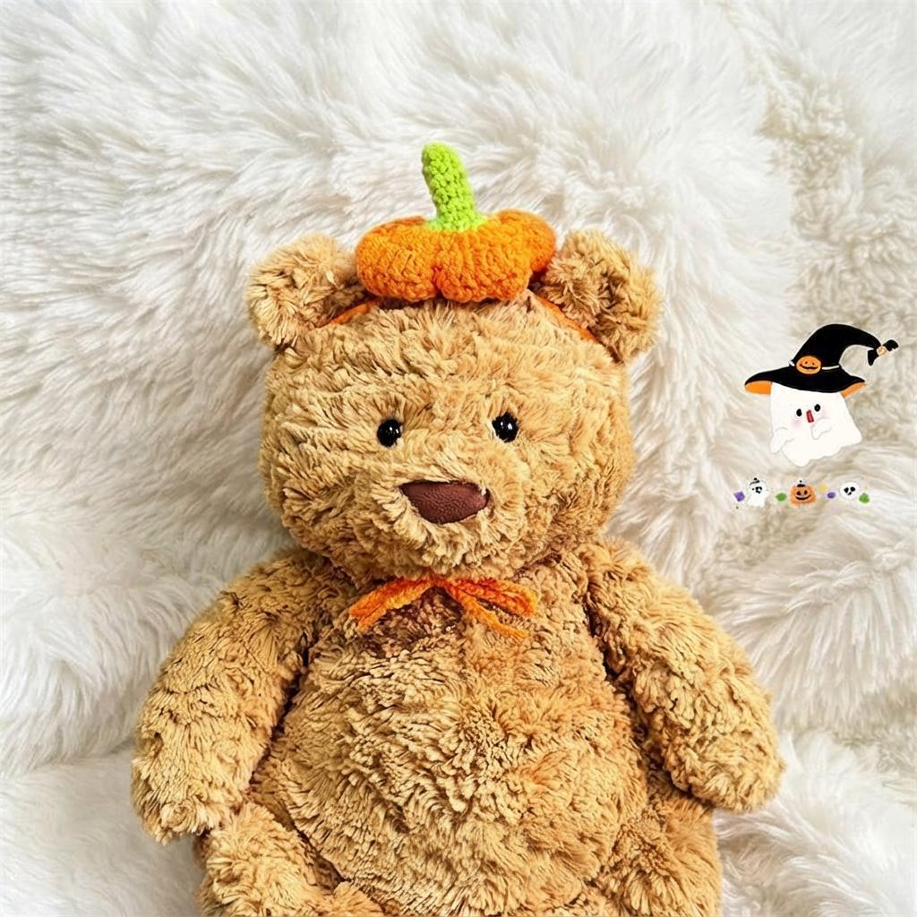 Hand-Crocheted Halloween Costume Set for Plush Bears: Witch Hat, Pumpkin Headband, Spooky Bib