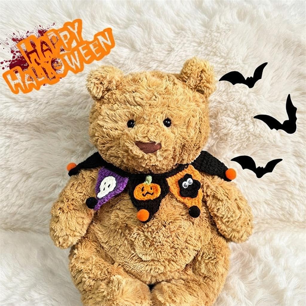 Hand-Crocheted Halloween Costume Set for Plush Bears: Witch Hat, Pumpkin Headband, Spooky Bib