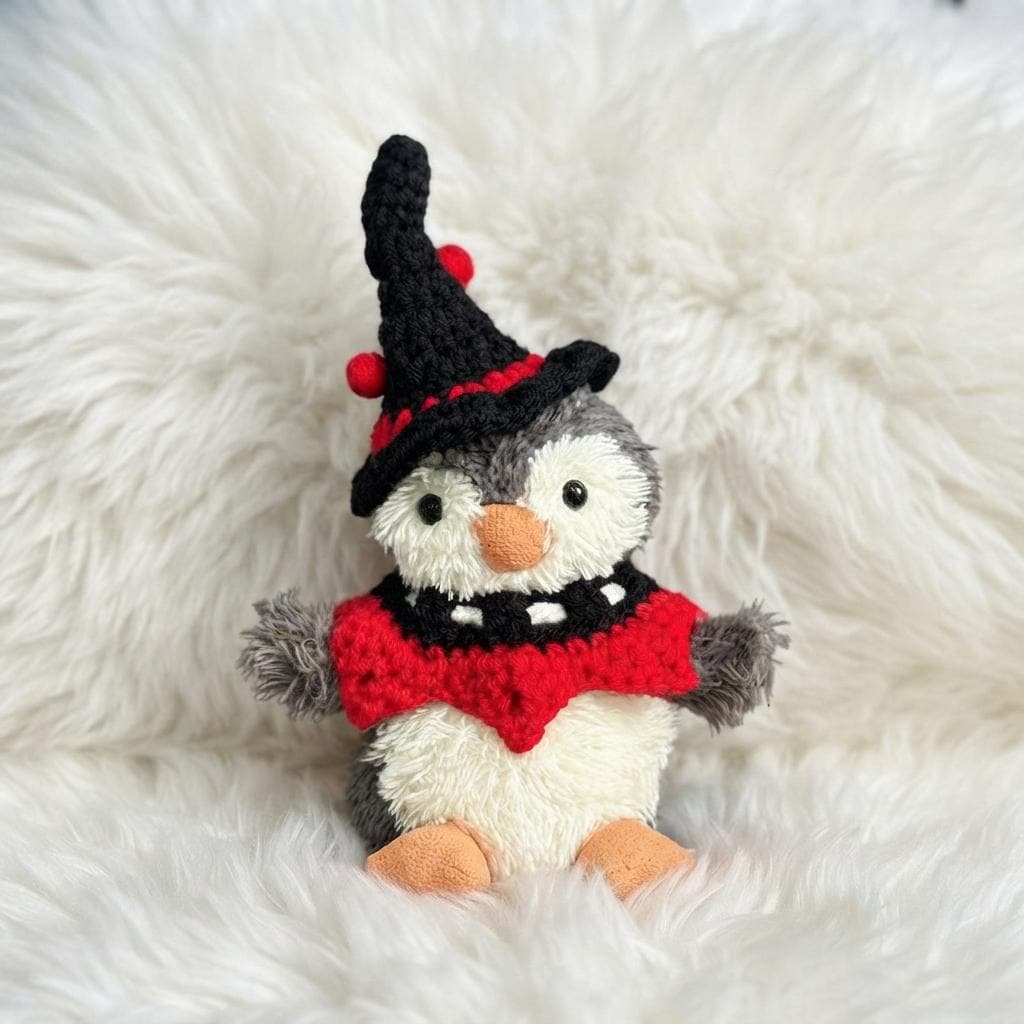 Hand-Crochet Halloween Penguin Outfit  Witch Hat, Pumpkin Collar Set