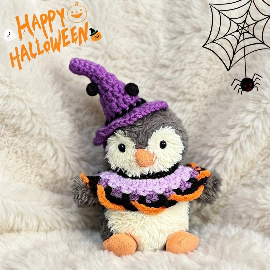 Hand-Crochet Halloween Penguin Outfit  Witch Hat, Pumpkin Collar Set