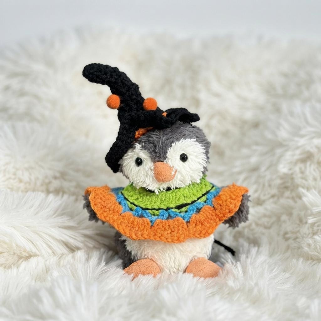 Hand-Crochet Halloween Penguin Outfit  Witch Hat, Pumpkin Collar Set
