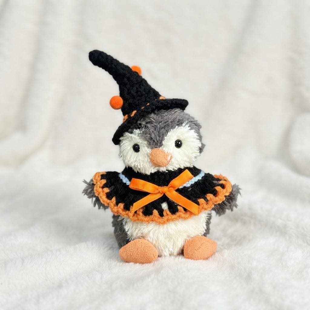 Hand-Crochet Halloween Penguin Outfit  Witch Hat, Pumpkin Collar Set