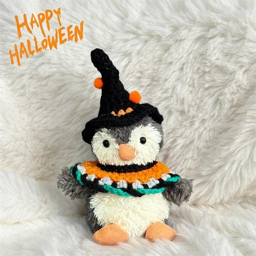 Hand-Crochet Halloween Penguin Outfit  Witch Hat, Pumpkin Collar Set