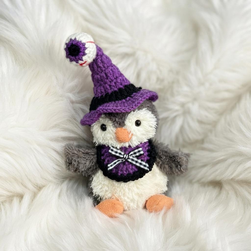 Hand-Crochet Halloween Penguin Outfit  Witch Hat, Pumpkin Collar Set