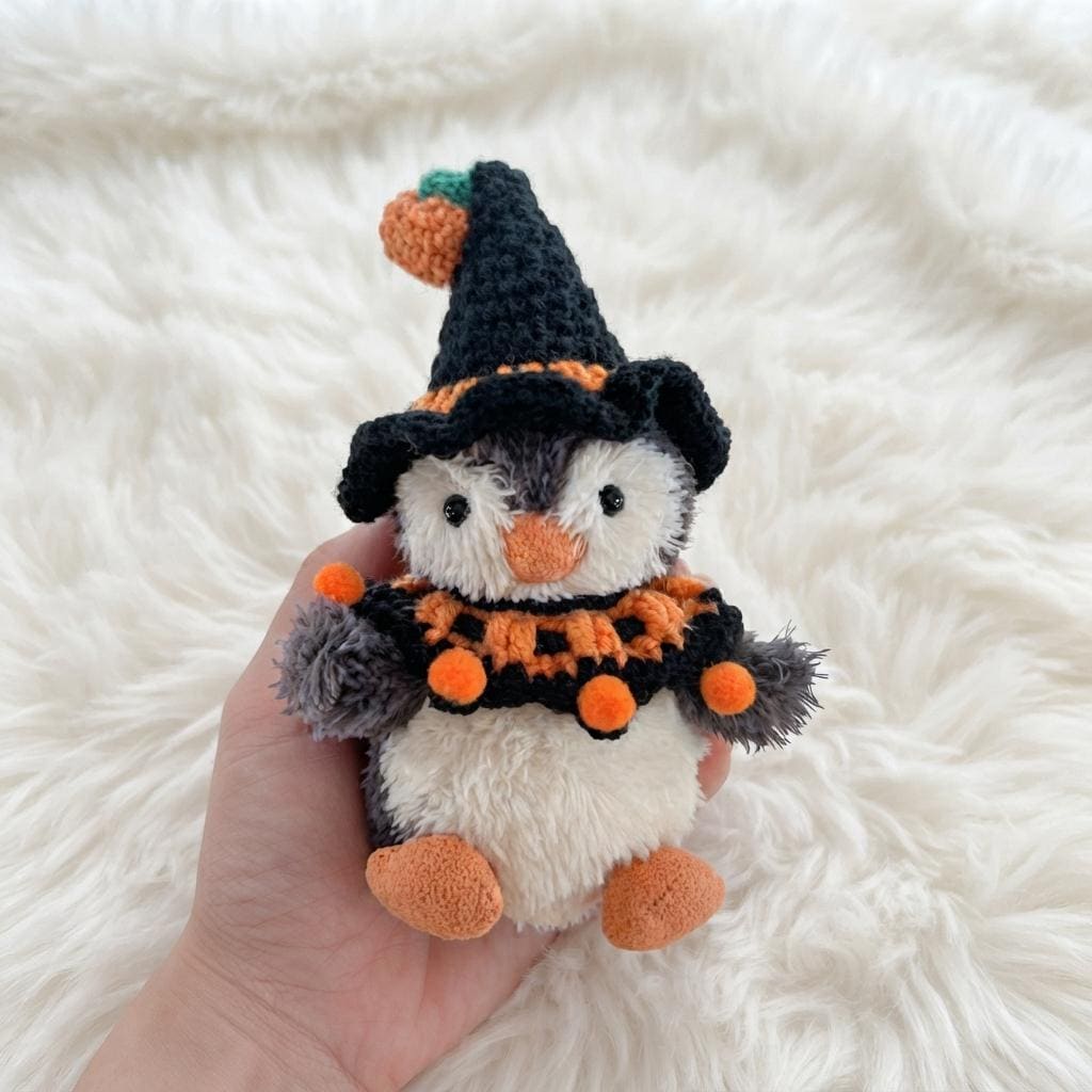 Hand-Crochet Halloween Penguin Outfit  Witch Hat, Pumpkin Collar Set