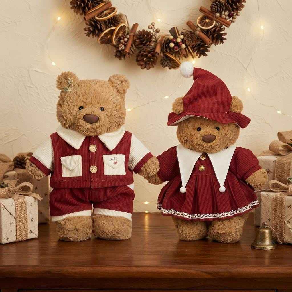Handmade Bartholomew Bear Christmas Outfits, Corduroy Dress & Gingham Romper Set (4-16 Inch)