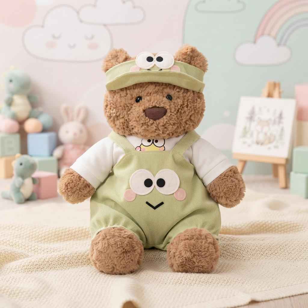 Handmade Green Froggy Overalls & Hat Set for Bartholomew Bear Plush Toy