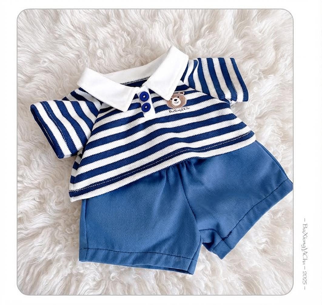 Handmade Bartholomew Bear Polo Set, Plush Toy Overalls and Striped Shirt Outfit