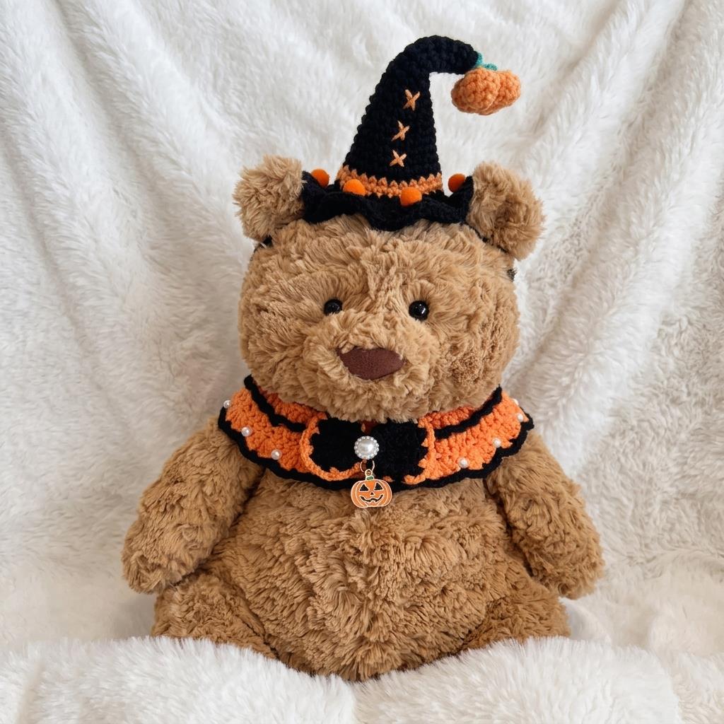 Handmade Crochet Halloween Costume Set, Witch Hat, Pumpkin Headband, Ghost Collar