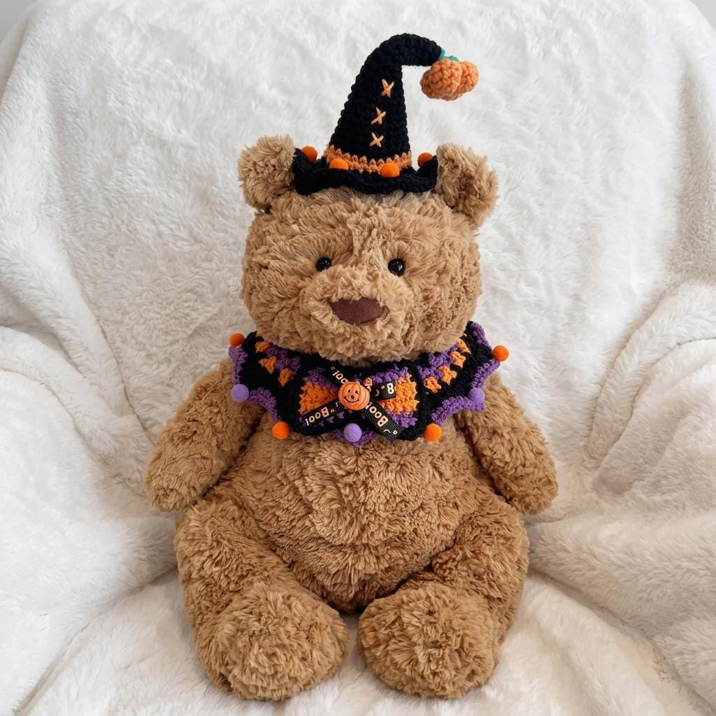 Handmade Crochet Halloween Costume Set, Witch Hat, Pumpkin Headband, Ghost Collar