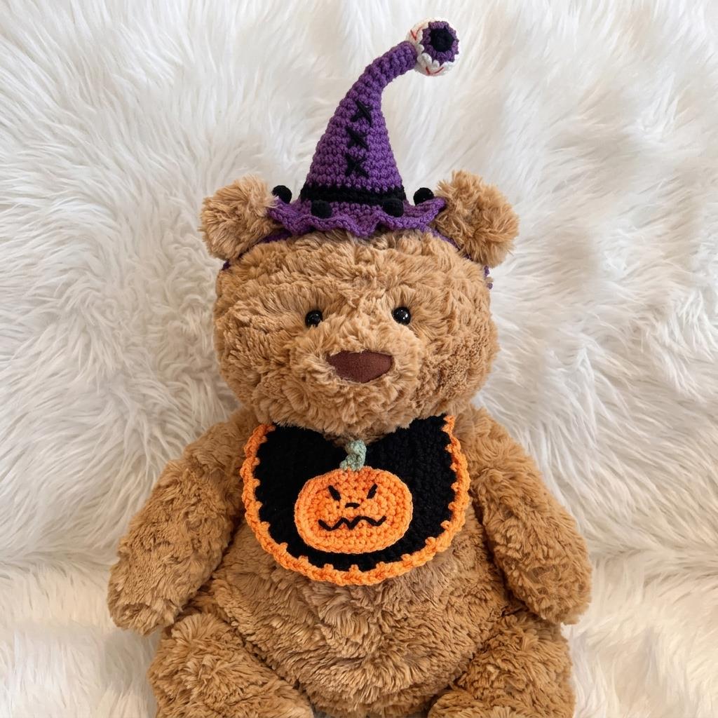 Handmade Crochet Halloween Costume Set, Witch Hat, Pumpkin Headband, Ghost Collar