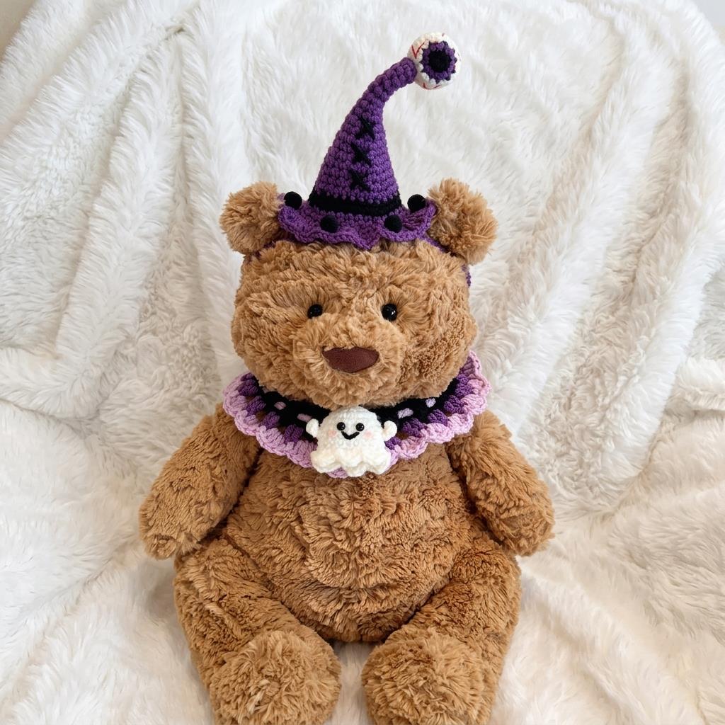 Handmade Crochet Halloween Costume Set, Witch Hat, Pumpkin Headband, Ghost Collar