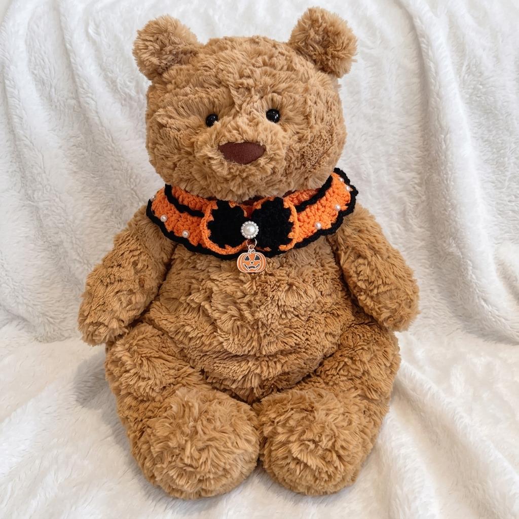 Hand-Crocheted Halloween Costume Set: Witch Hat, Pumpkin Headband, Bib for Plush Bears
