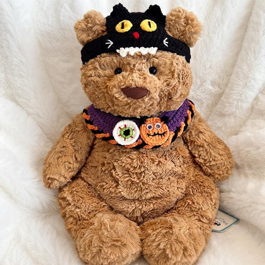 Handmade Crochet Halloween Outfit  Witch Hat, Pumpkin Bib Set for Bartholomew Bear