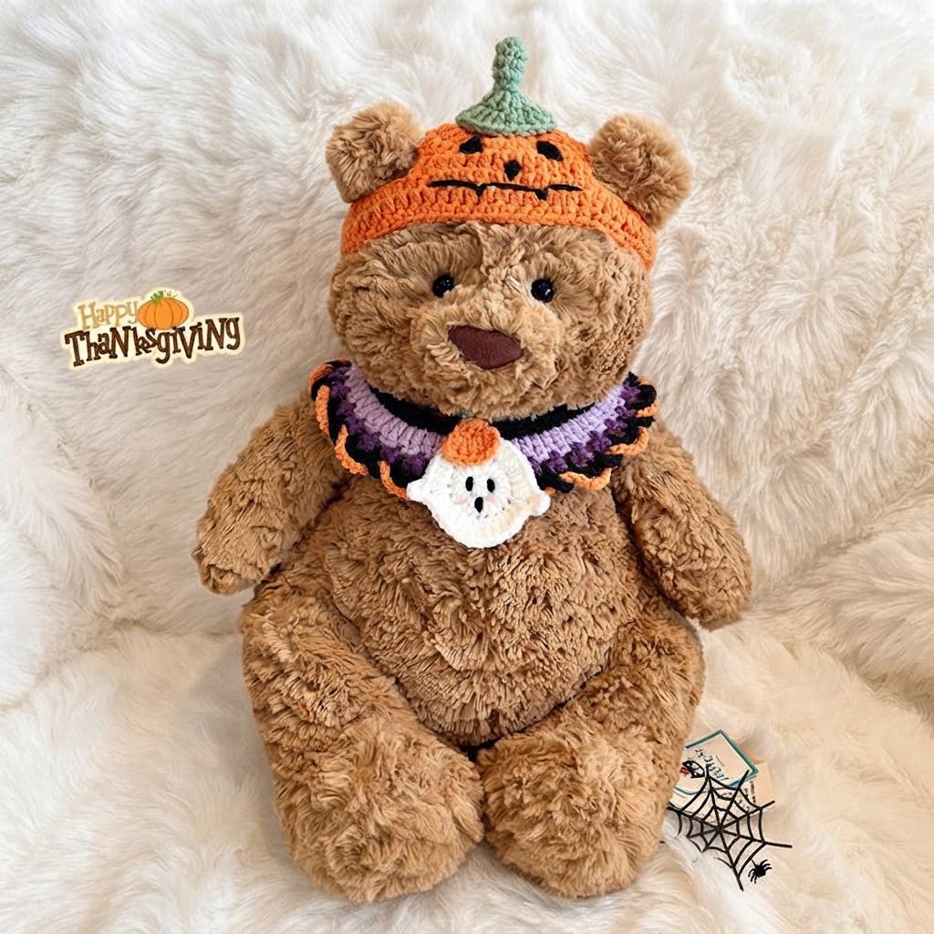 Handmade Crochet Halloween Outfit  Witch Hat, Pumpkin Bib Set for Bartholomew Bear
