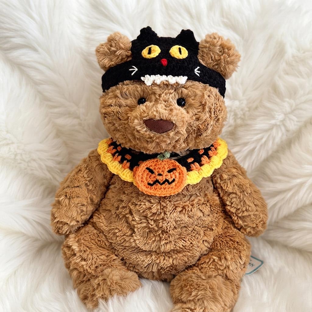 Handmade Crochet Halloween Outfit  Witch Hat, Pumpkin Bib Set for Bartholomew Bear