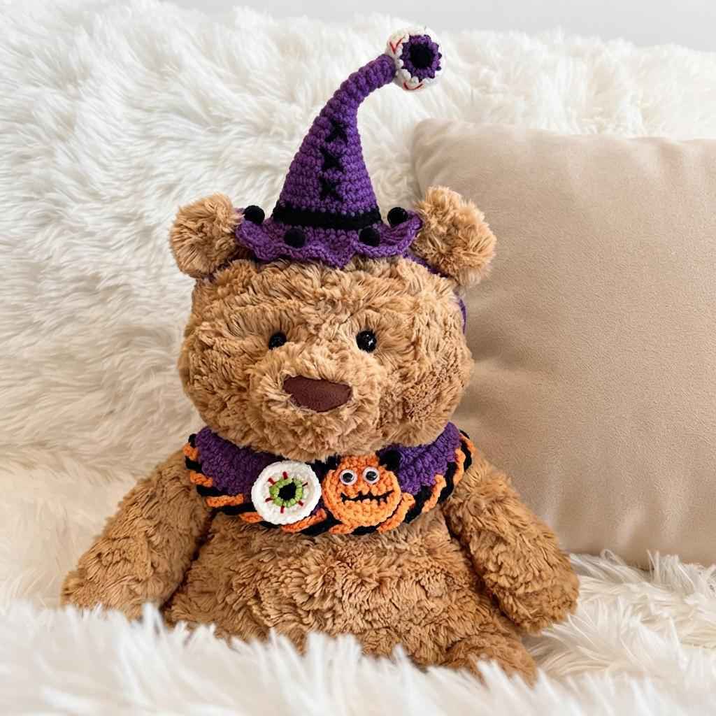 Handmade Crochet Halloween Costume Set, Witch Hat, Pumpkin Headband, Spooky Collar for Plush Toys