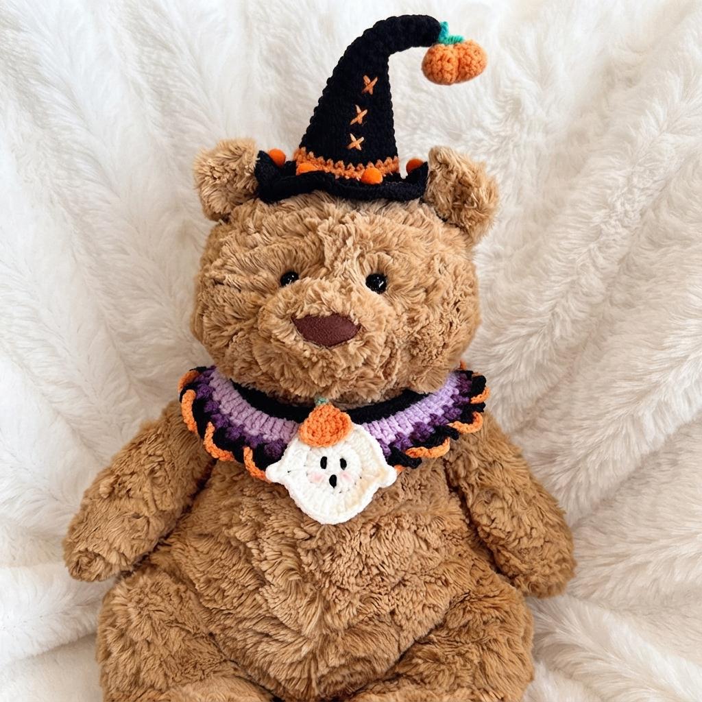 Handmade Crochet Halloween Costume Set, Witch Hat, Pumpkin Headband, Spooky Collar for Plush Toys