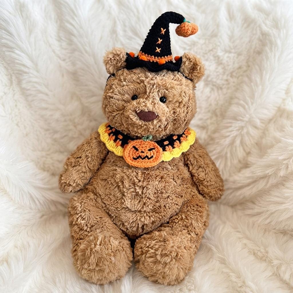 Handmade Crochet Halloween Costume Set, Witch Hat, Pumpkin Headband, Spooky Collar for Plush Toys