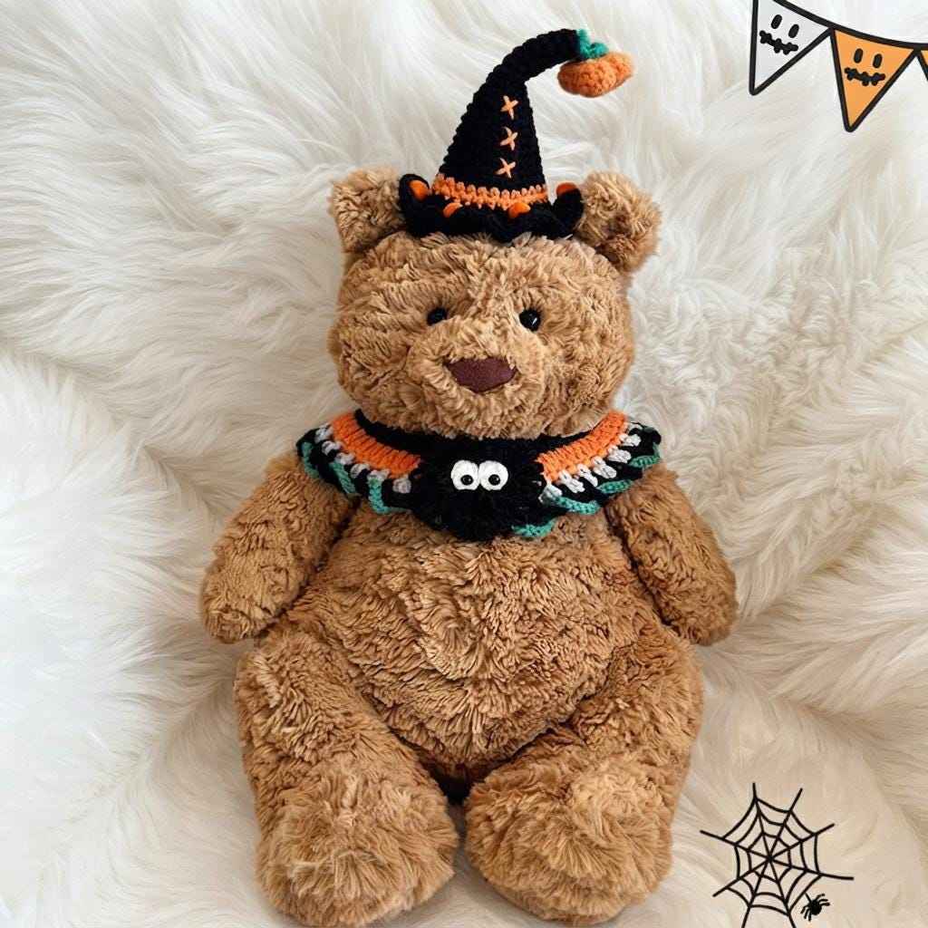 Handmade Crochet Halloween Costume Set, Witch Hat, Pumpkin Headband, Spooky Collar for Plush Toys