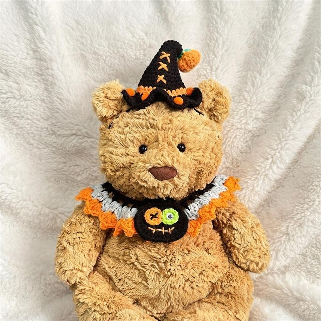 Handmade Crochet Halloween Costume Set for Bartholomew Bear, Pumpkin Witch Hat, Spooky Collar