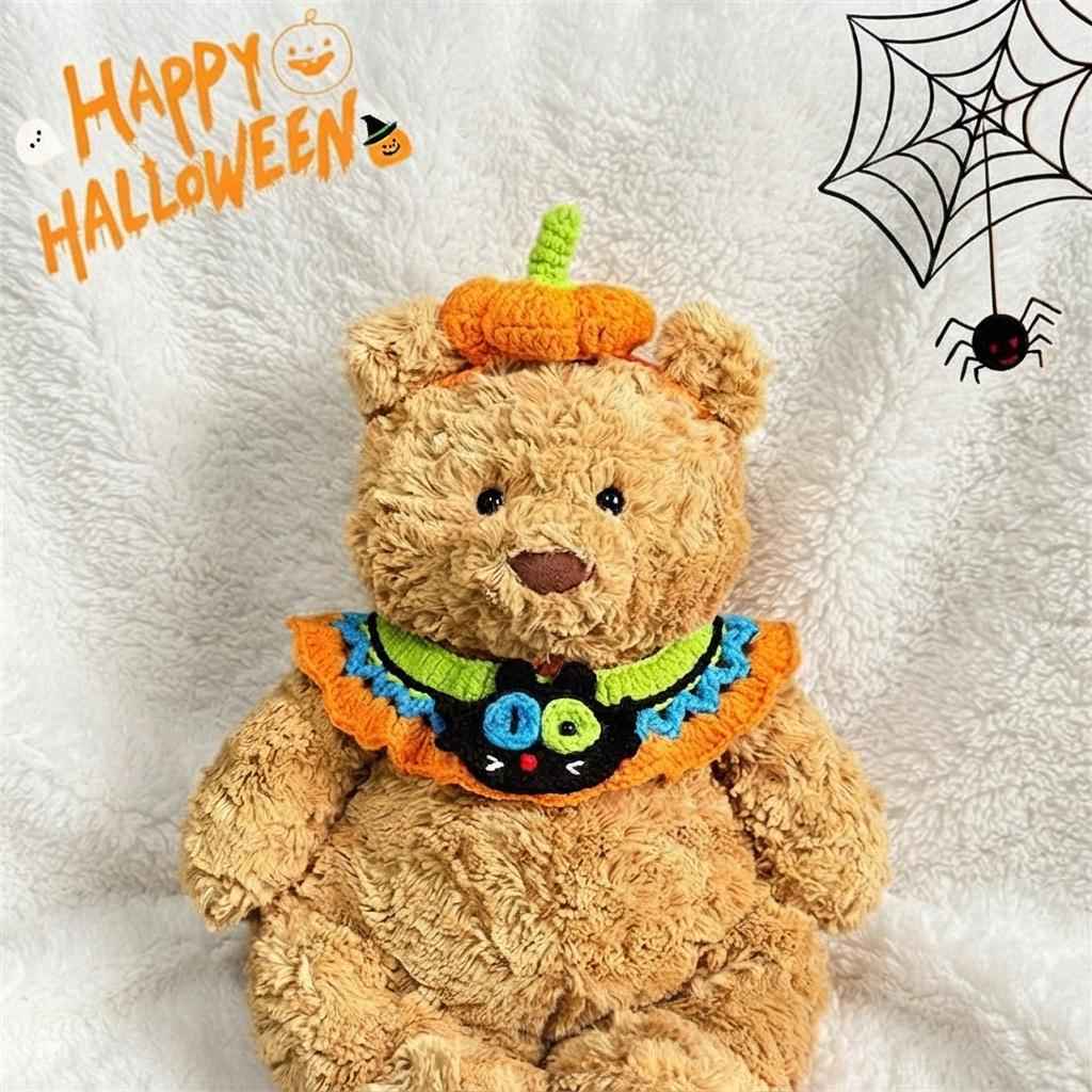 Handmade Crochet Halloween Costume Set for Bartholomew Bear, Pumpkin Witch Hat, Spooky Collar