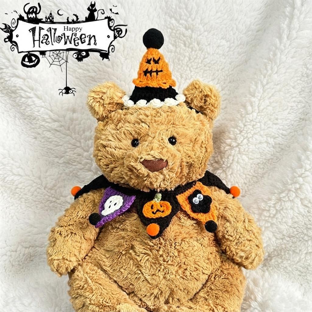 Handmade Crochet Halloween Costume Set for Bartholomew Bear, Pumpkin Witch Hat, Spooky Collar