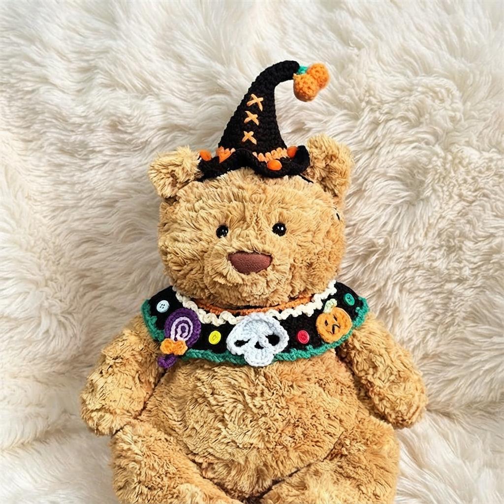 Handmade Crochet Halloween Costume Set for Bartholomew Bear, Pumpkin Witch Hat, Spooky Collar