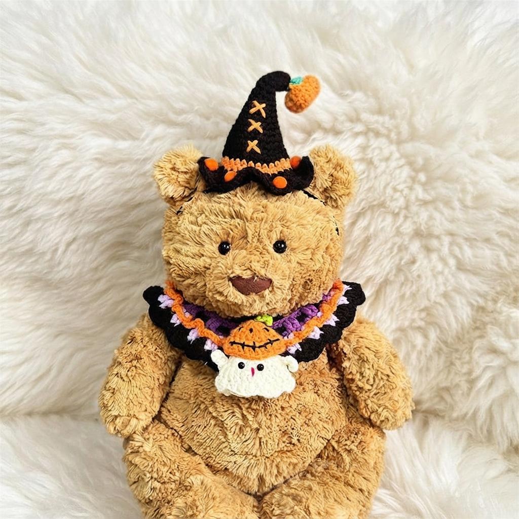 Handmade Crochet Halloween Costume Set for Bartholomew Bear, Pumpkin Witch Hat, Spooky Collar