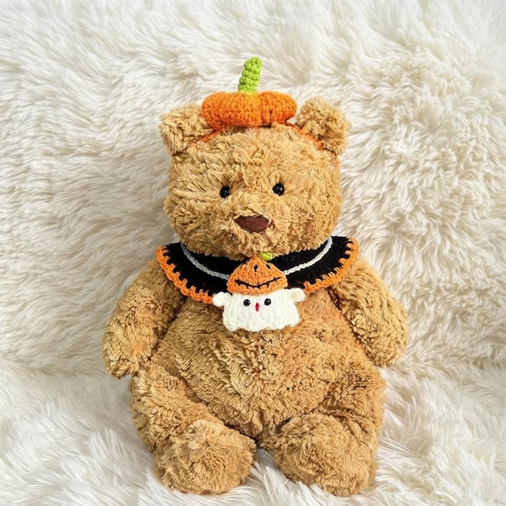 Handmade Crochet Halloween Costume Set for Bartholomew Bear, Pumpkin Witch Hat, Spooky Collar