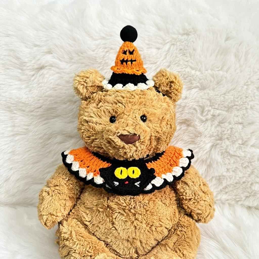 Handmade Crochet Halloween Costume Set for Bartholomew Bear, Pumpkin Witch Hat, Spooky Collar