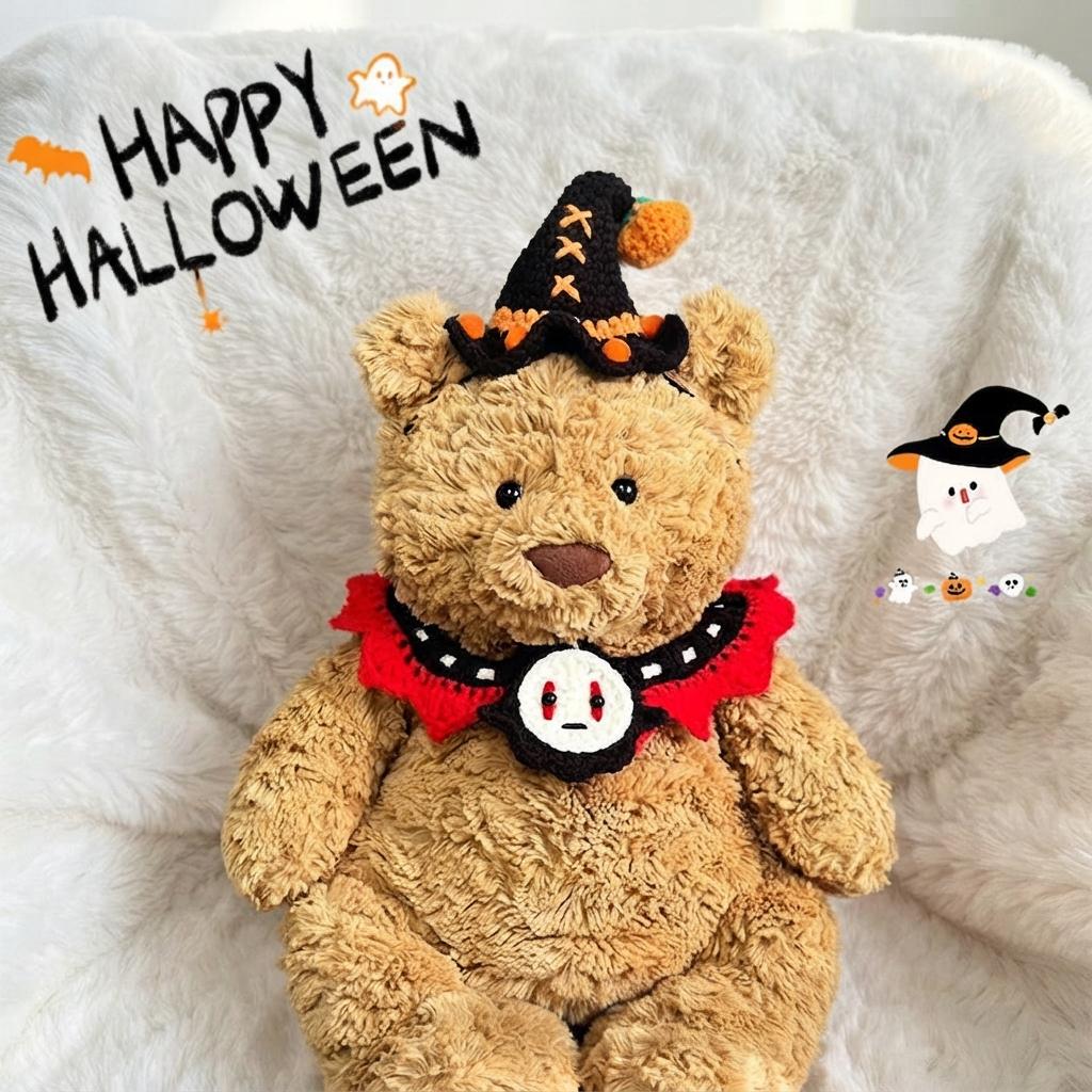 Handmade Crochet Halloween Costume Set for Bartholomew Bear, Pumpkin Witch Hat, Spooky Collar