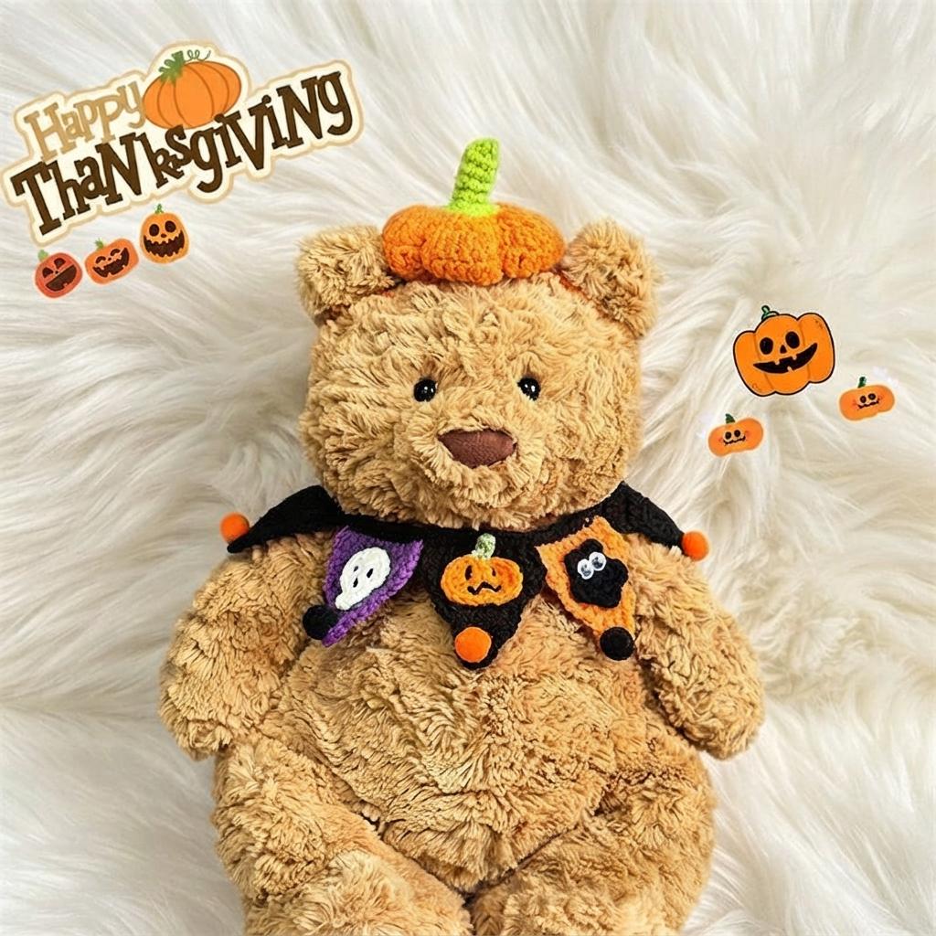 Handmade Crochet Halloween Costume Set for Bartholomew Bear, Pumpkin Witch Hat, Spooky Collar