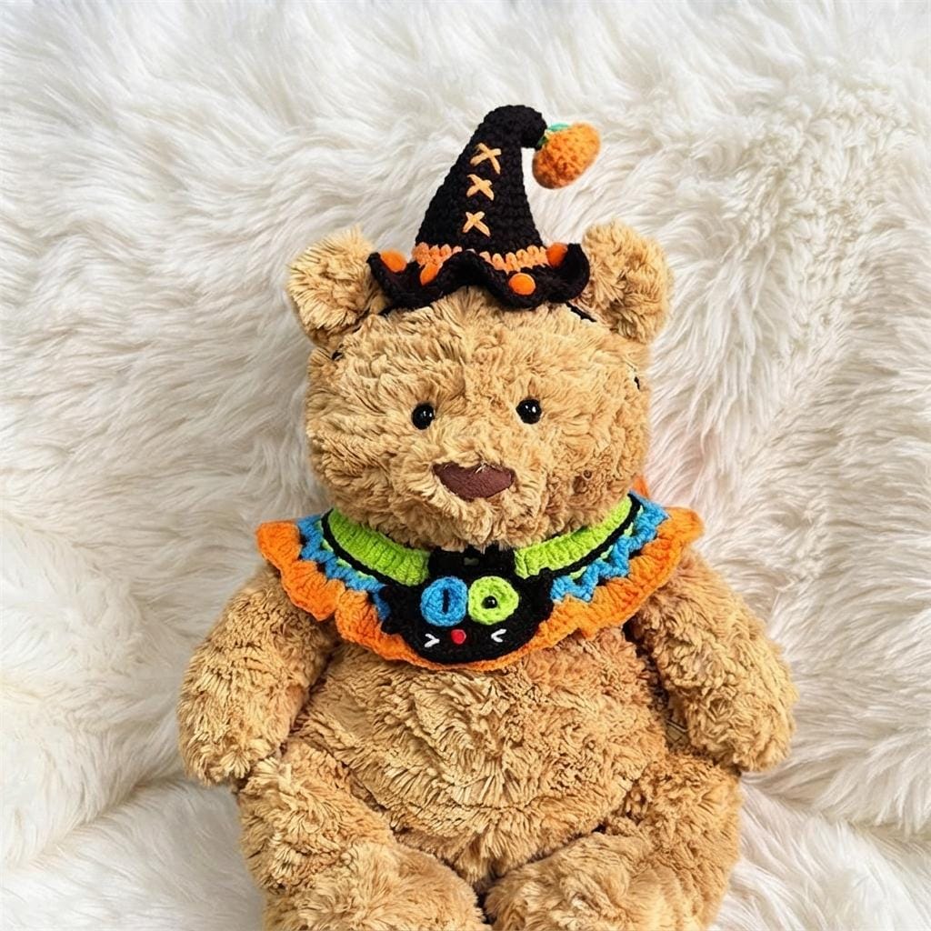 Handmade Crochet Halloween Costume Set for Bartholomew Bear, Pumpkin Witch Hat, Spooky Collar