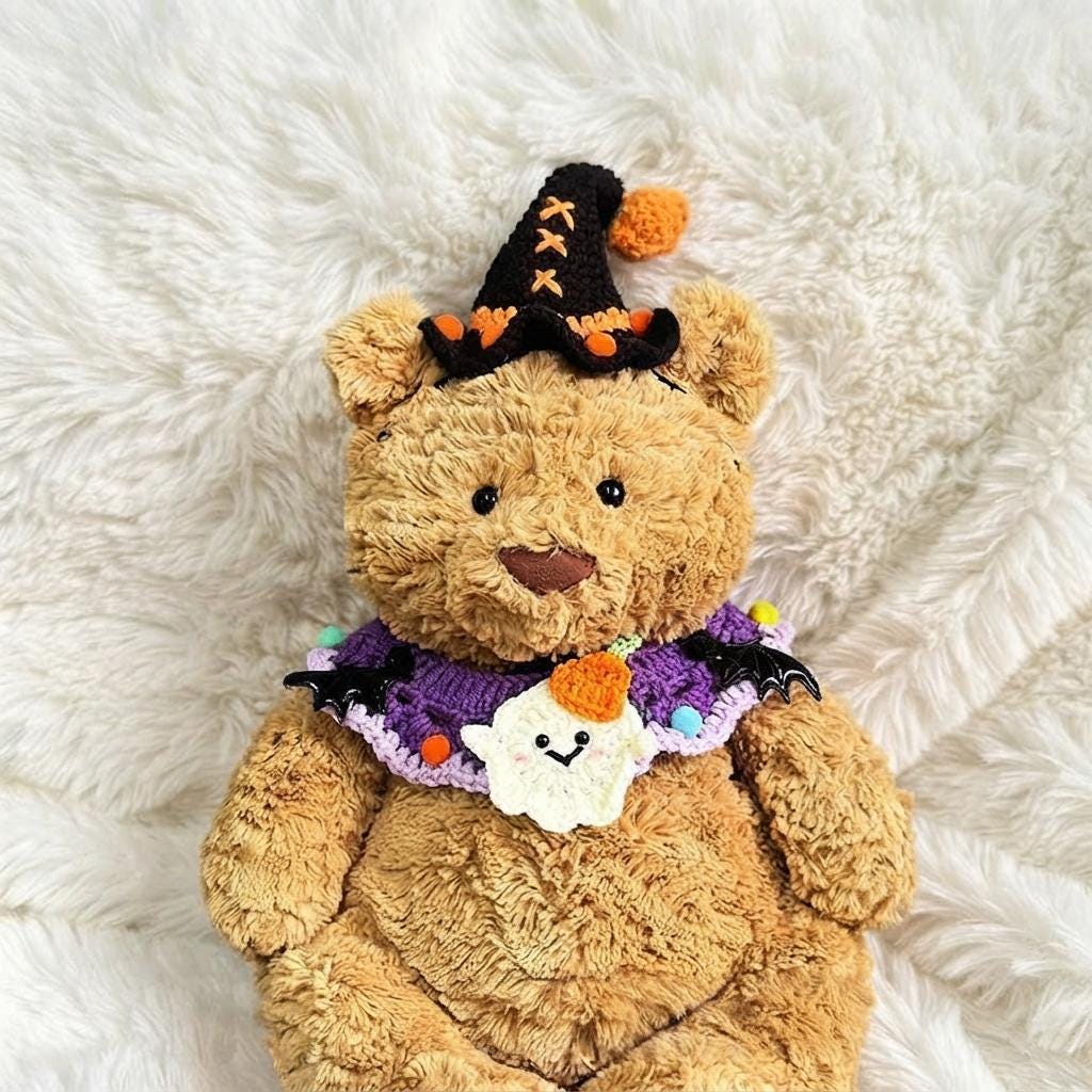 Handmade Crochet Halloween Costume Set for Bartholomew Bear, Pumpkin Witch Hat, Spooky Collar