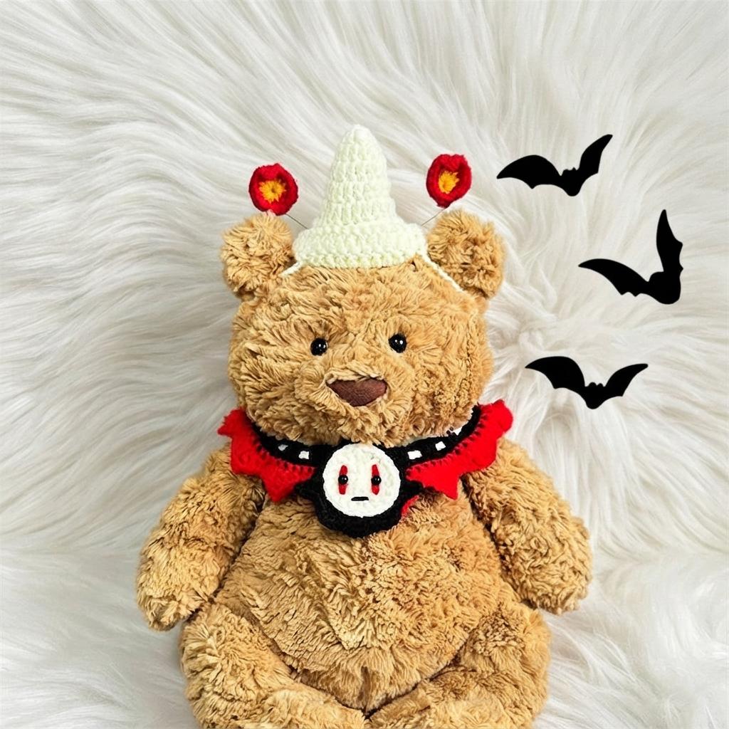 Handmade Crochet Halloween Costume Set for Bartholomew Bear, Pumpkin Witch Hat, Spooky Collar