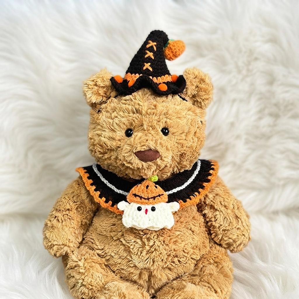 Handmade Crochet Halloween Costume Set for Bartholomew Bear, Pumpkin Witch Hat, Spooky Collar