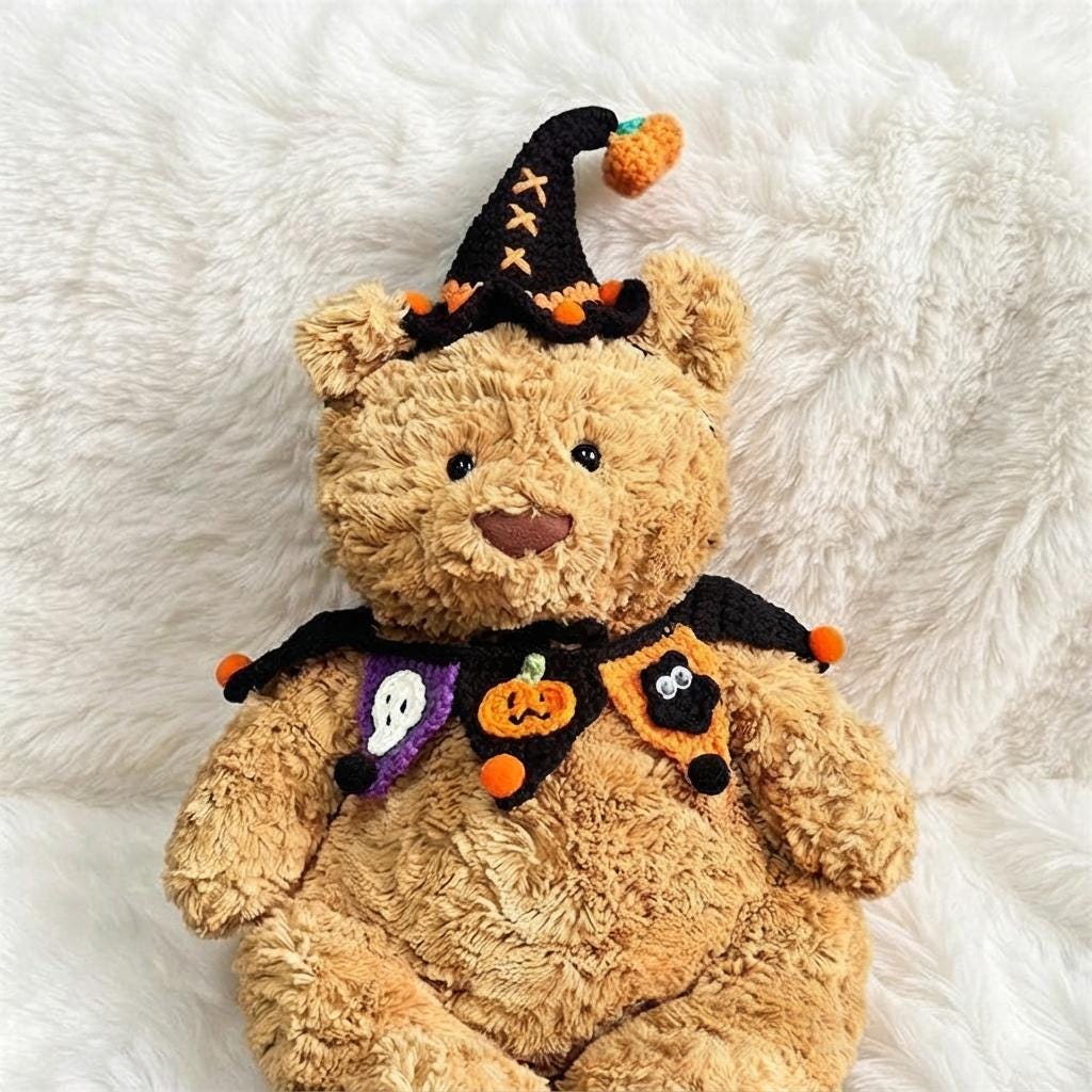 Handmade Crochet Halloween Costume Set for Bartholomew Bear, Pumpkin Witch Hat, Spooky Collar