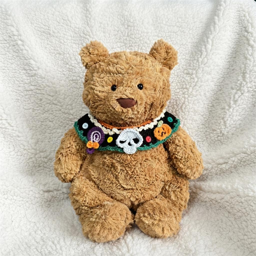 Hand-Crocheted Halloween Costume Set for Plush Bears: Witch Hat, Pumpkin Headband, Spooky Bib