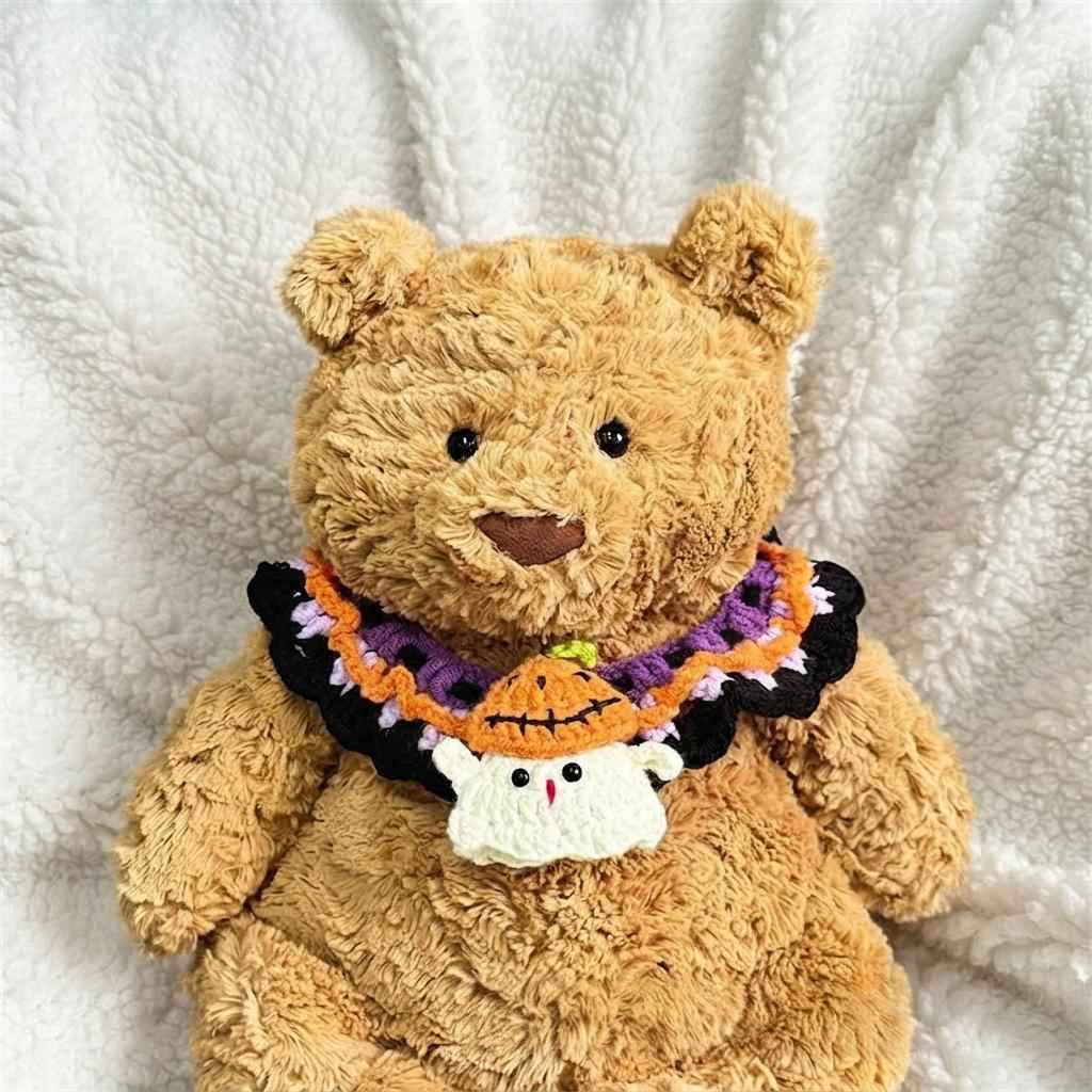Hand-Crocheted Halloween Costume Set for Plush Bears: Witch Hat, Pumpkin Headband, Spooky Bib