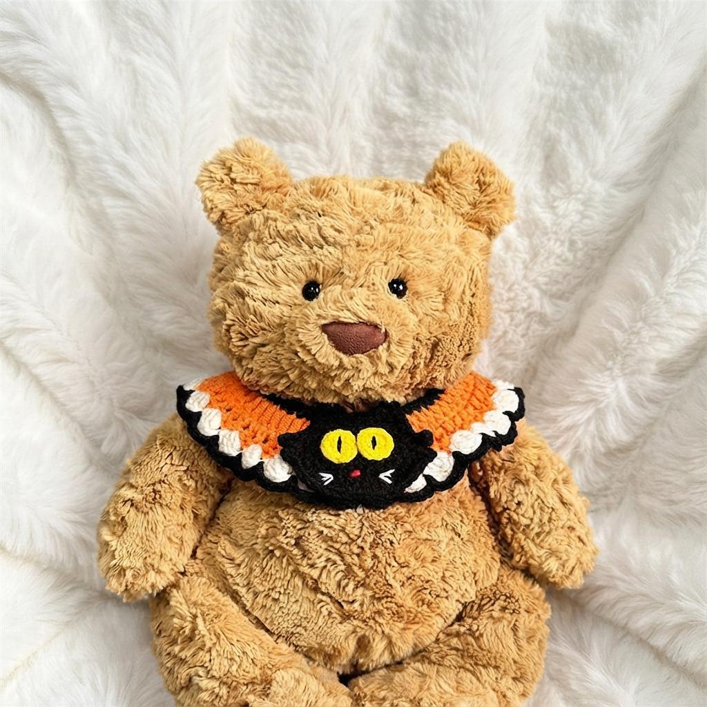 Hand-Crocheted Halloween Costume Set for Plush Bears: Witch Hat, Pumpkin Headband, Spooky Bib