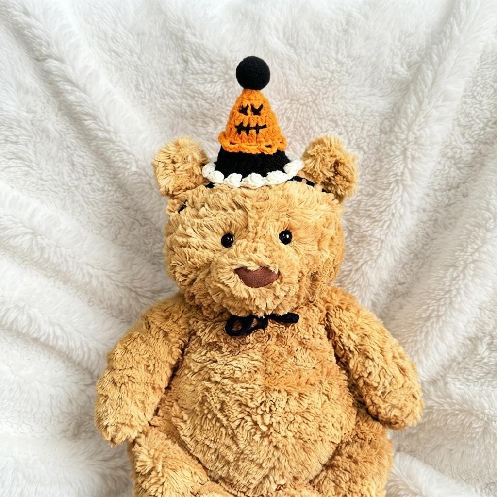 Hand-Crocheted Halloween Costume Set for Plush Bears: Witch Hat, Pumpkin Headband, Spooky Bib