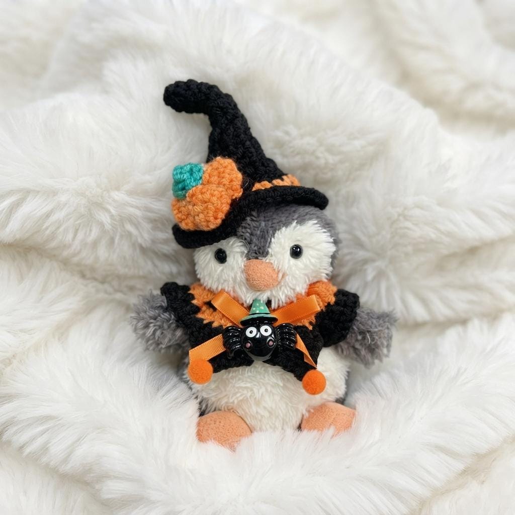 Hand-Crochet Halloween Penguin Outfit  Witch Hat, Pumpkin Collar Set